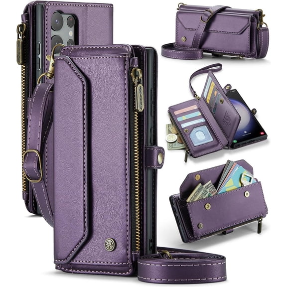 Wallet Case Compatible with Samsung Galaxy S23 Ultra 6.8" RFID Blocking 10-Card Holder PU Leather Magnetic Snap Shoulder Strap Zipper Pocket Phone Case Fit for Samsung Galaxy S23 Ultra