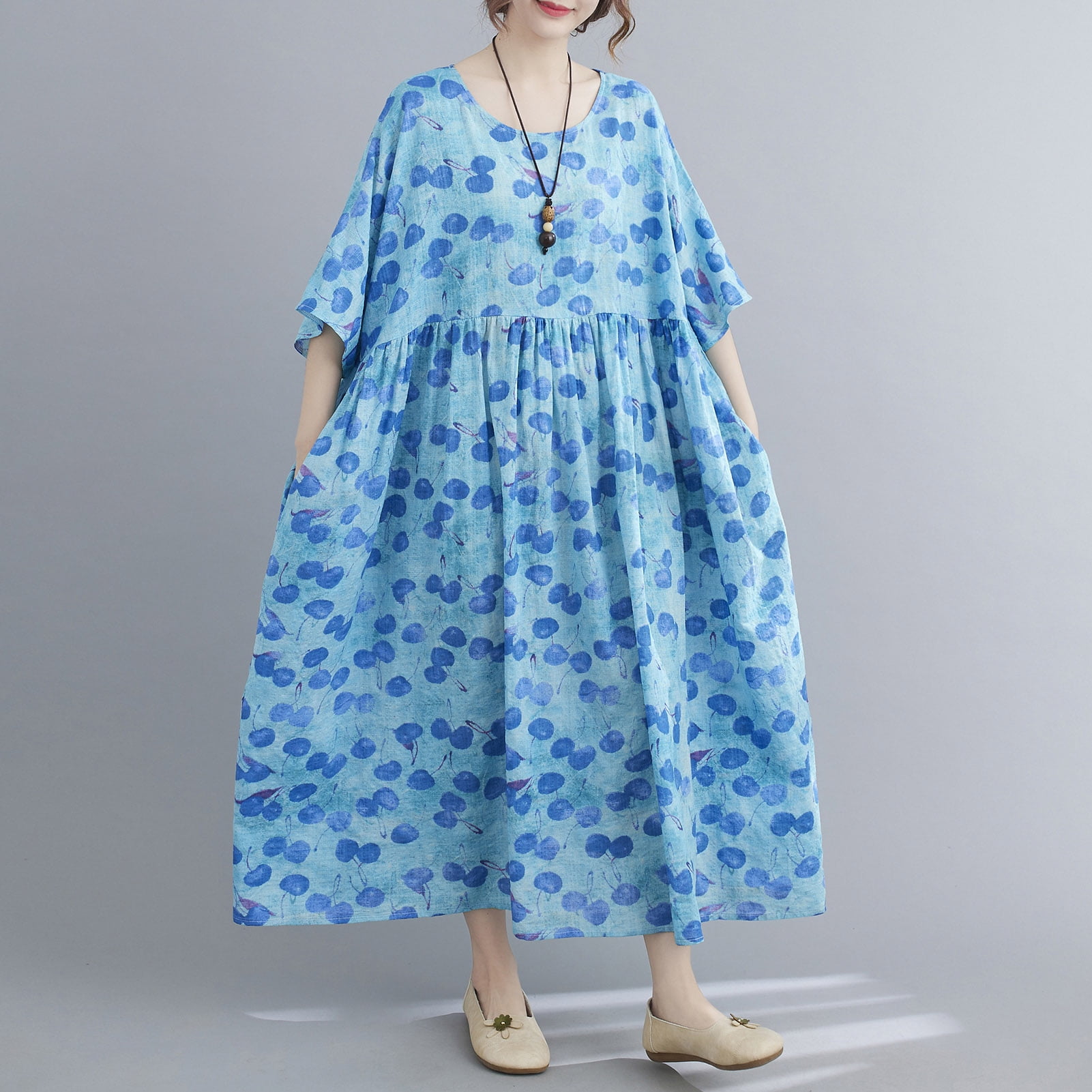 Vintage Women Cotton Linen Dress Floral Print O Neck Half Sleeve Pocket