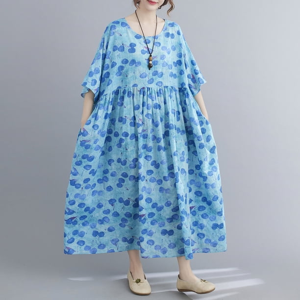 Vestido vintage de lino de algodón para mujer, estampado floral, cuello redondo, media manga Eccomum Aqua