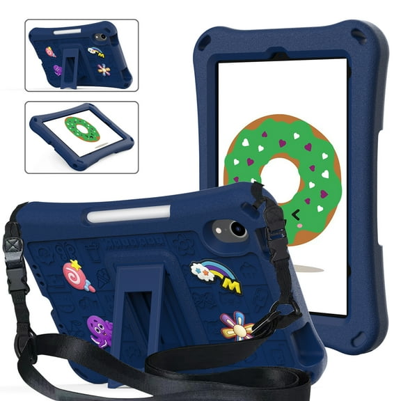 TECH CIRCLE for iPad Mini A17 Pro Case 2024 Release, iPad Mini Case 6th Generation (2021 Release) 8.3-Inch, Cute Cartoon Kids Case with Shoulder Strap & Kickstand, Protective Durable Cover, Navyblue
