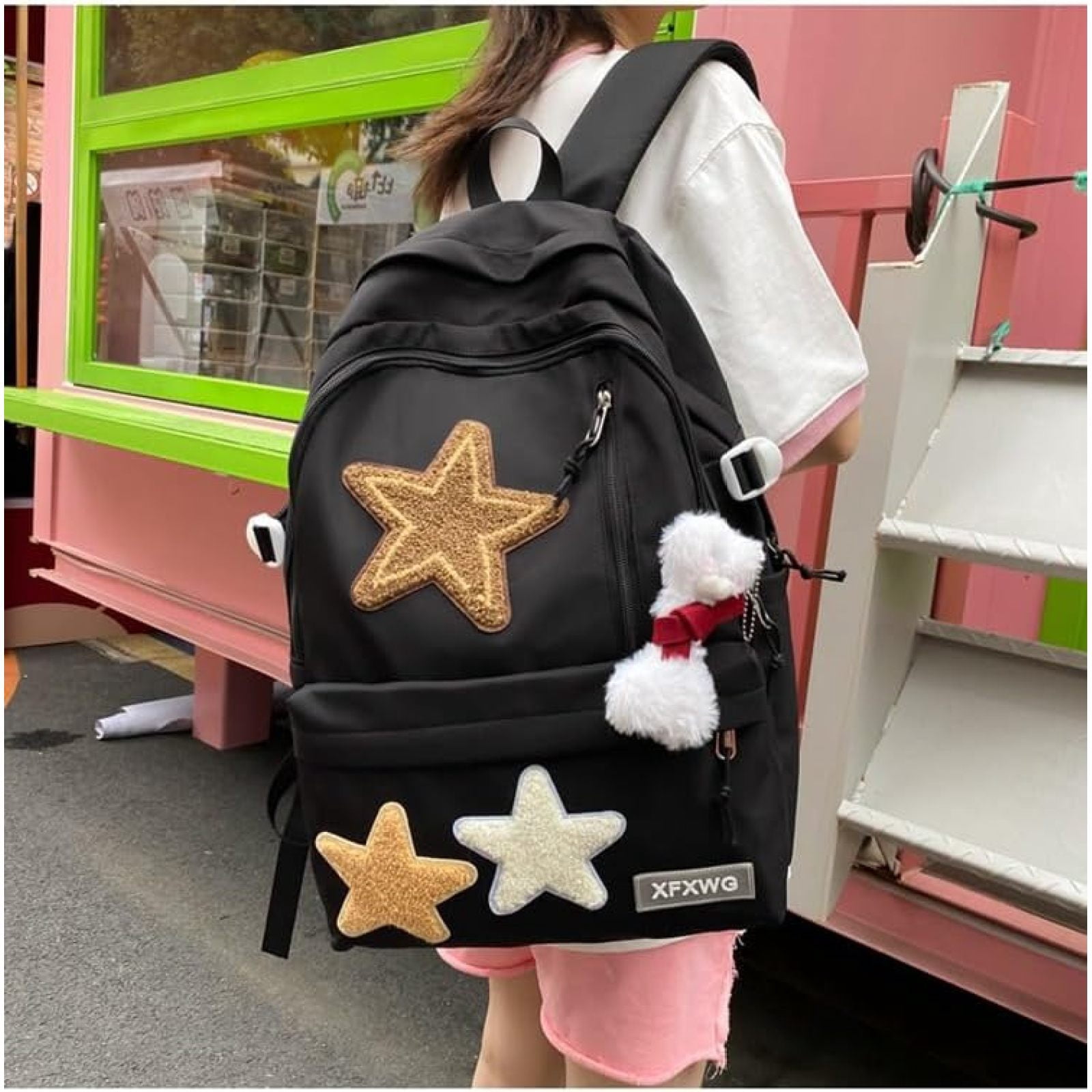 SQDWYGUO Y2k Backpack with Kawaii Pendant Aesthetic Star Backpack Cute Preppy Laptop Book Bag Back to College Supplie,Black