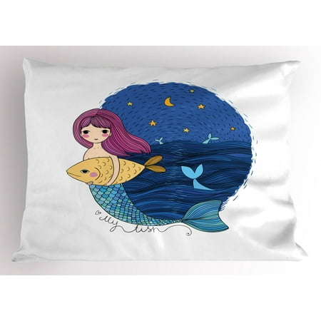 Mermaids Pillow Sham Fantasy Pillow Sham Hand Drawn Style Mermaid Holding a Fish on Backdrop with Seascape at Night Time, Decorative Standard Queen Size Printed Pillowcase, 30 X 20 Inches, Multicolor, by Ambesonne ()