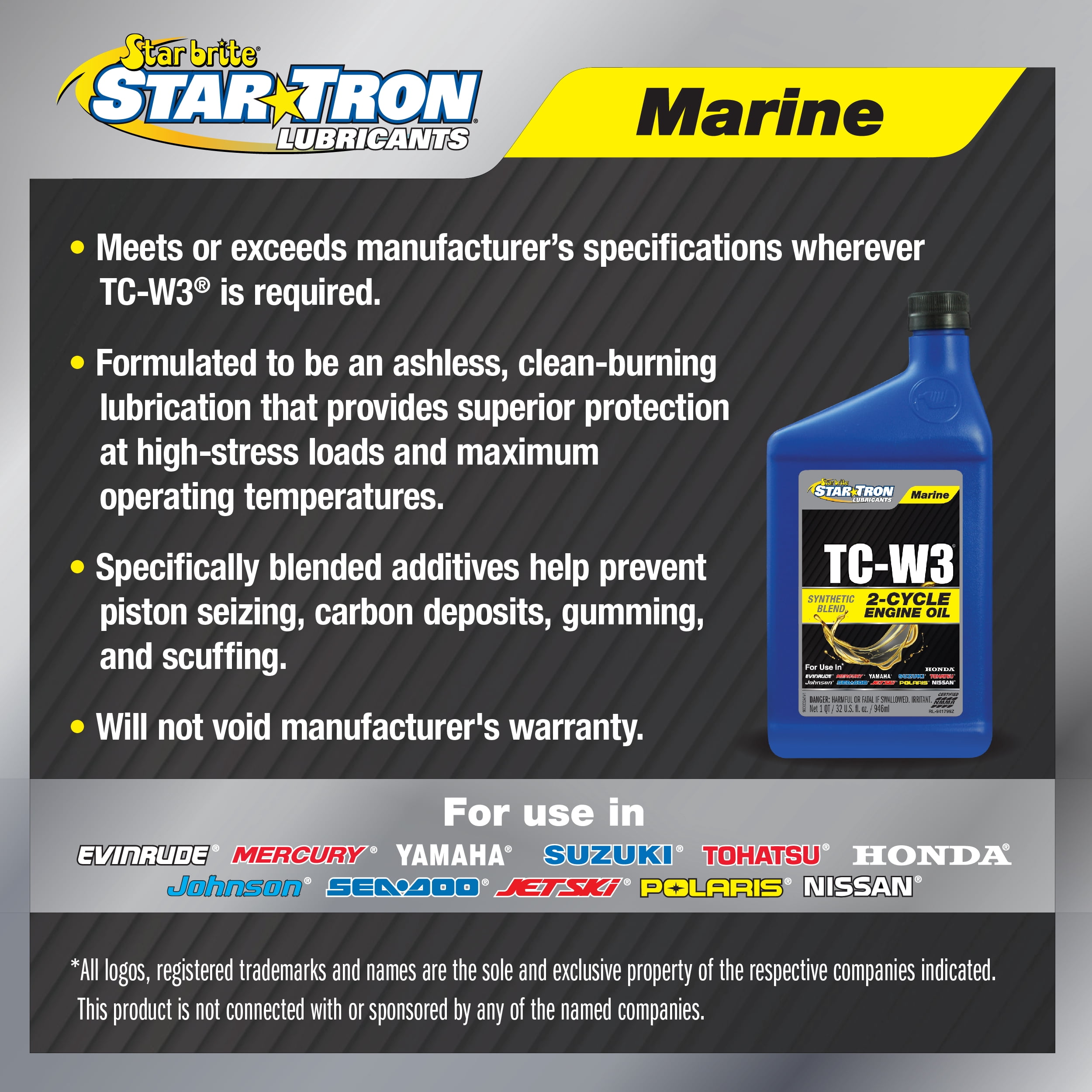 Star brite Star Tron TC-W3 Marine 2-Cycle Engine Oil - Synthetic Blend for High-Performance Outboard Engines