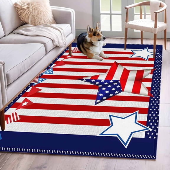 Area Rugs 2.7'x5', Independence Day Carpet for Living Room Bedroom Dining Room, American Flag Patriotic Star Red Striped Throw Kitchen Rugs Non Slip Washable Rectangle Indoor Outdoor Rugs