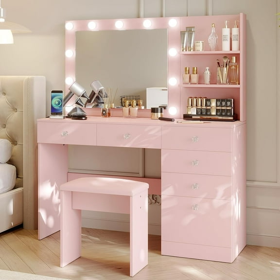 VOWNER Vanity with Lights - 47" Makeup Vanity Desk with Glass Top, 6 Drawers, 3 Storage Shelves and Outlet, 3 Color Lighting Modes with Adjustable Brightness, Makeup Desk with Stool for Bedroom