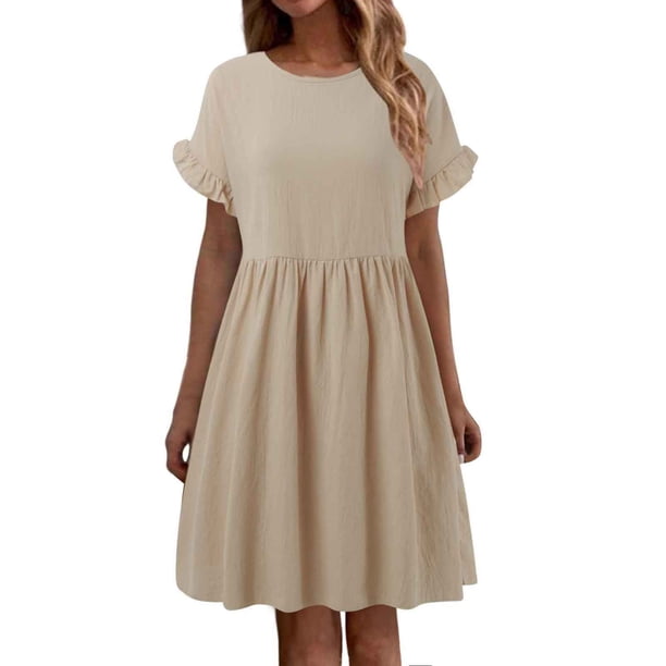 Vestido largo de lino liso con cuello redondo para mujer - Corte holgado, poliéster, elegante vestido informal de verano