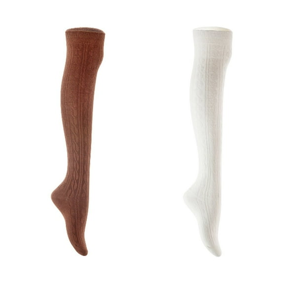 Lian LifeStyle Women's 2 Pair Adorable Comfortable Soft Thigh High Over Knee High Cotton Socks Size 6-9 L1024 Coffee,White
