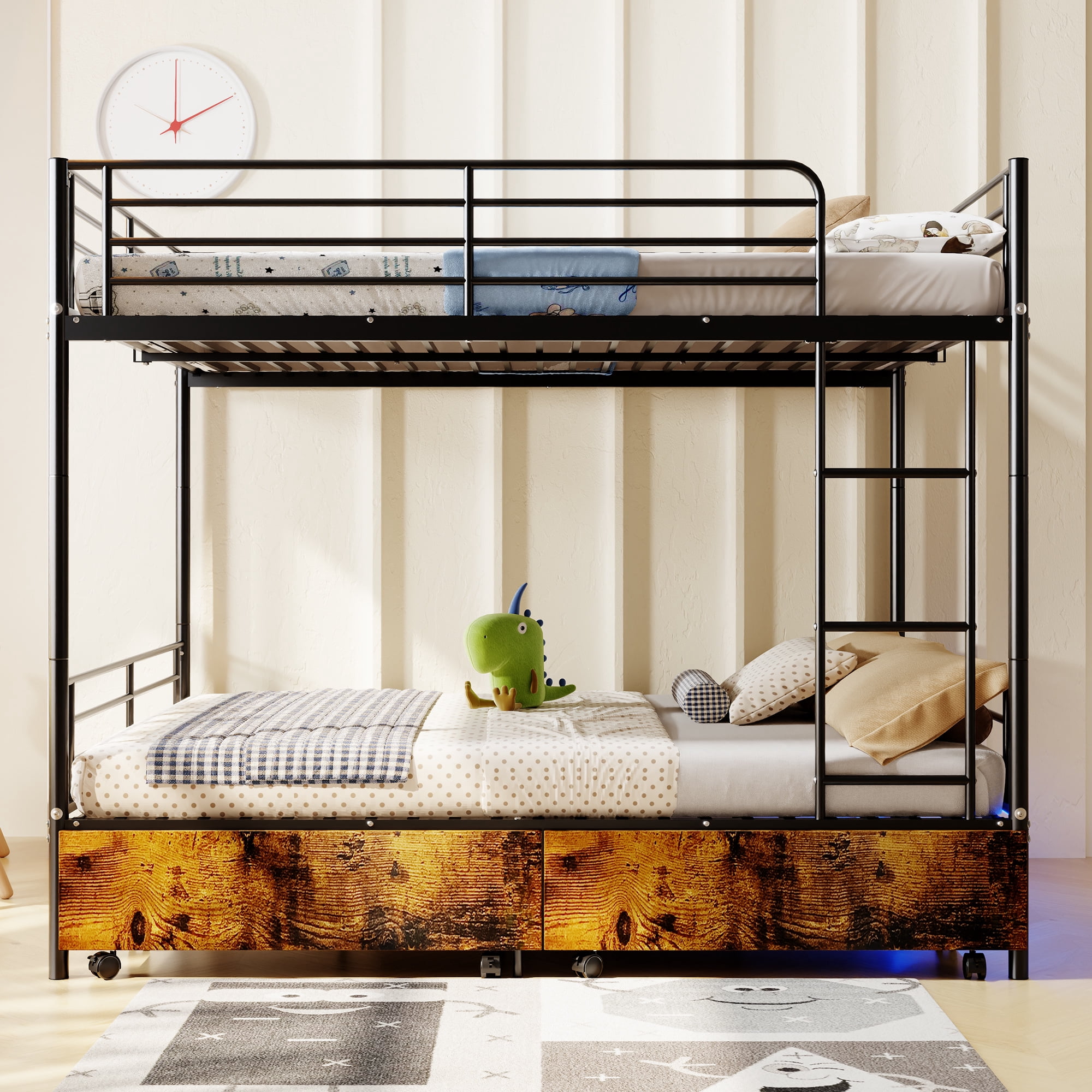 Leumius Twin Over Twin Metal Bunk Bed with USB Charging Station,Able to Split into 2 Twin Beds,Metal Bunk Bed with Safety Guardrail & Ladder,No Box Spring Needed,Black