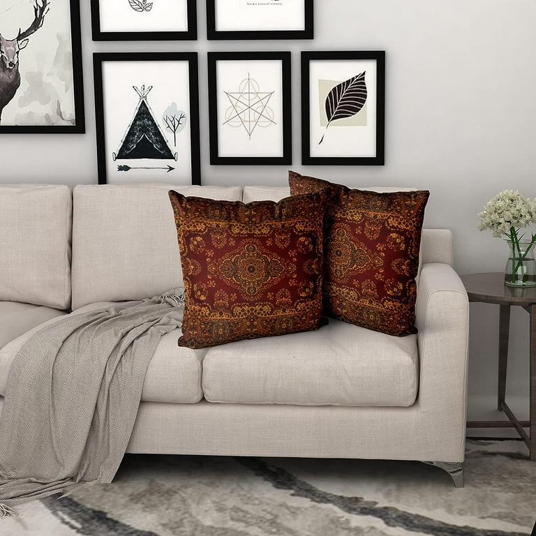 Red Gold Boho Throw Pillow Covers 18x18 Inch Bohemian Vintage Retro Rug Carpet Decorative Pillows Square Pillow Cases Farmhouse Accent Home Decor for
