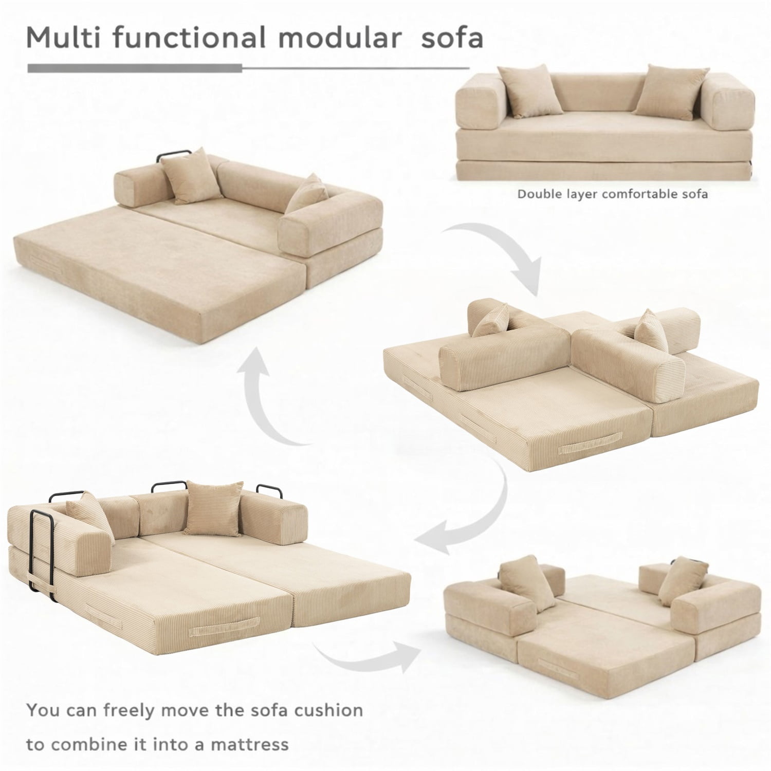Hommoo Versatile Corduroy Fabric Full Foam Modular Compressed Sofa Couch Bed Sleeper with Multiple Layout Options, Beige