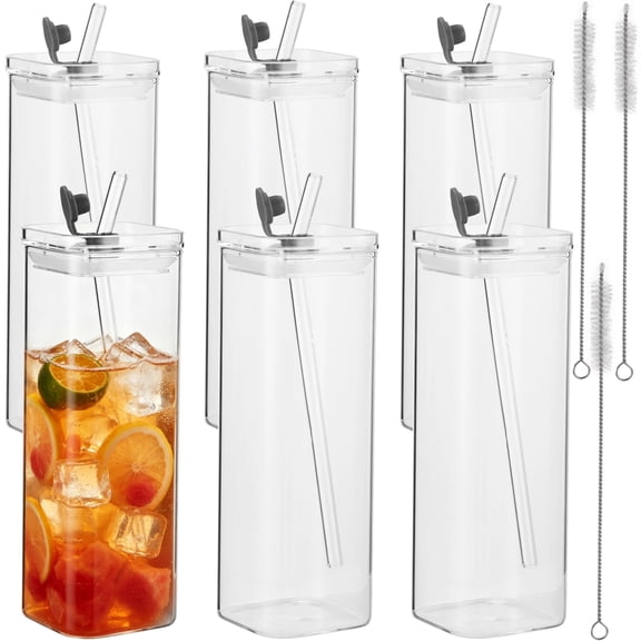 6 Sets Square Drinking Glass Cups with Lids and Straws, 13.5 oz Clear Highball Glasses, Leak-Resistant Glass Tumblers for Iced Coffee Juice Tea Beer and Mixed Drinks