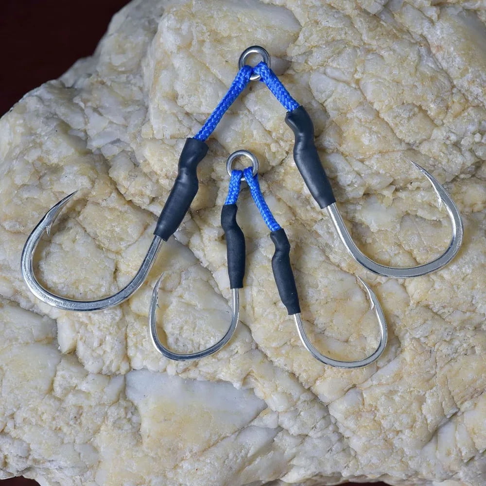10 Pairs Double Barbed Assist Hooks Saltwater Slow Jigging Hooks with PE Line