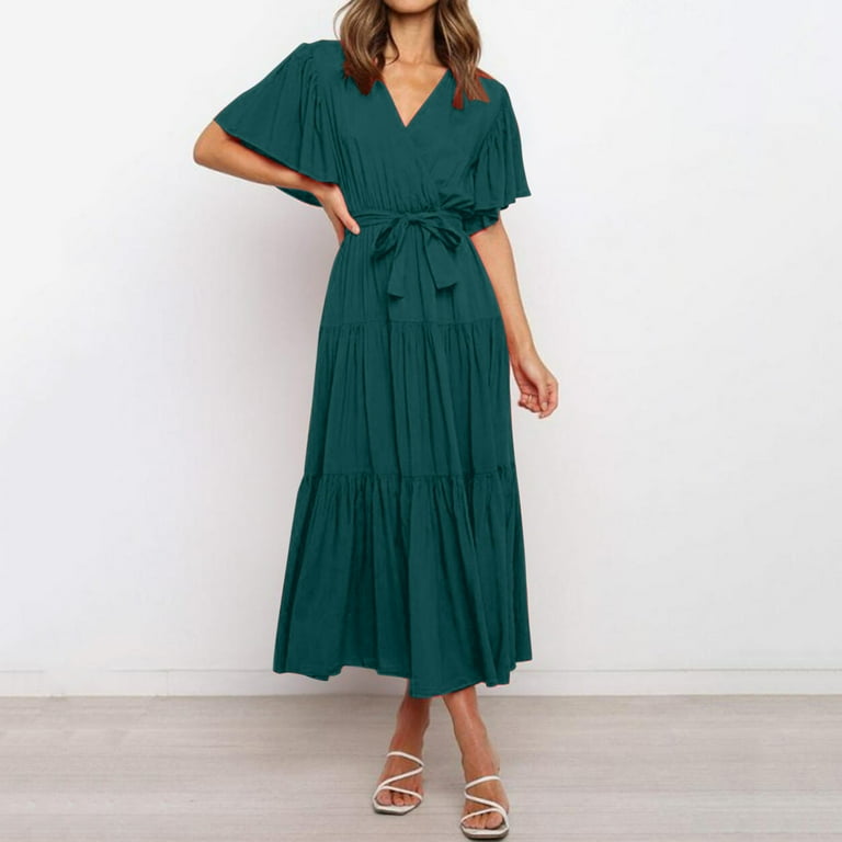 Peaskjp Summer Dress for Women Flutter Sleeves Pleated V Neck Belted Wrap Dress Knit Dresses Green S