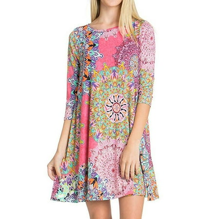 Nlife Women 3/4 Sleeve Ethnic Floral Print Mini Dress with Pockets