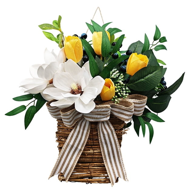 Cesta de flores artificiales de magnolia y tulipán con lazo. Arreglo floral artificial para decoración del hogar. Centro de mesa de flores de seda sin agua para mesa, sala de estar,
