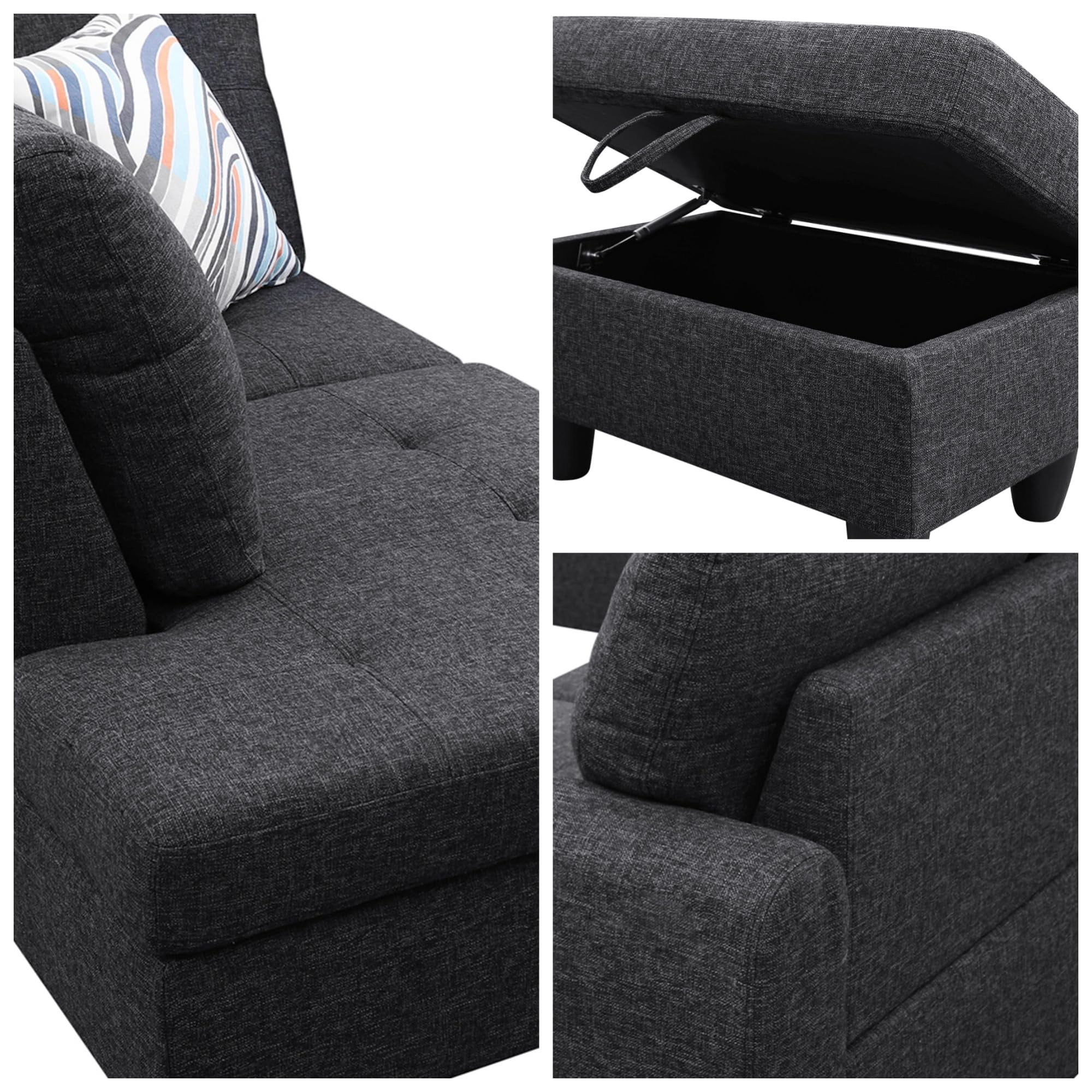 3-Piece L-Shaped Sectional Sofa with Movable Chaise & Storage Ottoman, Linen Living Room Modular Convertible Couches Set for Home Apartment Office, Black Grey