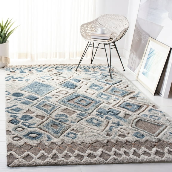 SAFAVIEH Casablanca Merton Abstract Wool Shag Area Rug, Beige/Navy, 5' x 8'