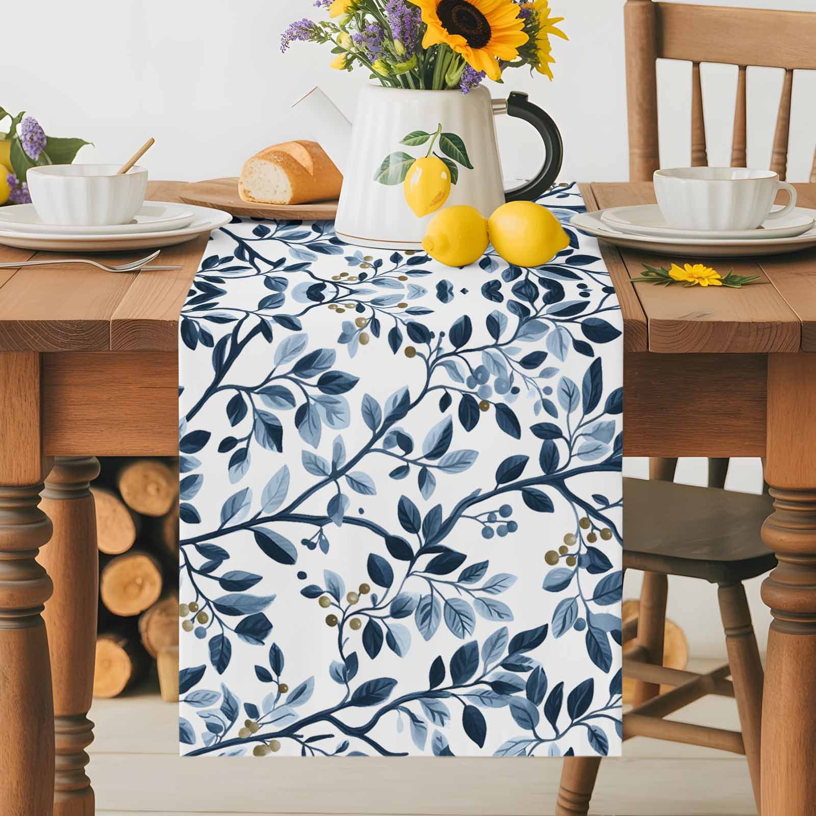 Farmhouse Vintage Branches Table Runner 90 Inches Long, Country Blue Leaf Fruit Table Runners Tabletop Scarf Kitchen Dining Tables Decoration for Home Party Indoor Outdoor