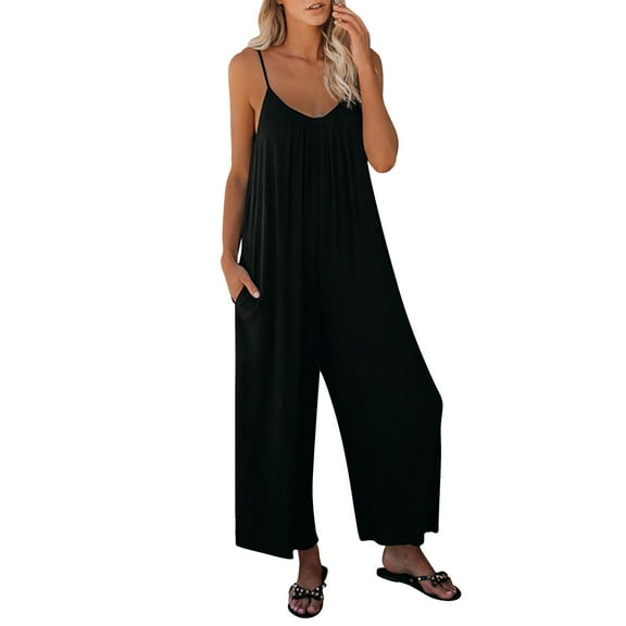 snowsong Jumpsuits For Women Womens Overalls Women's Loose Sleeveless Jumpsuits Strap Stretchy Long Pant Romper Jumpsuit With Pockets Pants For Women Black L