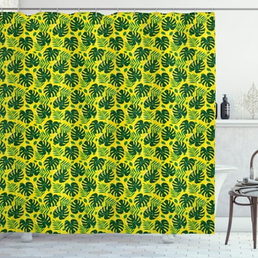 Jungle Shower Curtain, Modern Design Monstera and Palm Leaves with Geometric Elements, Fabric Bathroom Set with Hooks, 69W X 84L Inches Extra Long, Yellow Green, by Ambesonne