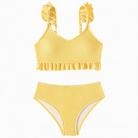 Linfrsh Swimsuits for Girls Girls Swimsuit Color Block Girls Bathing Suit Twist Tankini Set Two Piece Girl Swimwear Bikini Set for(Yellow 7-8 Years)