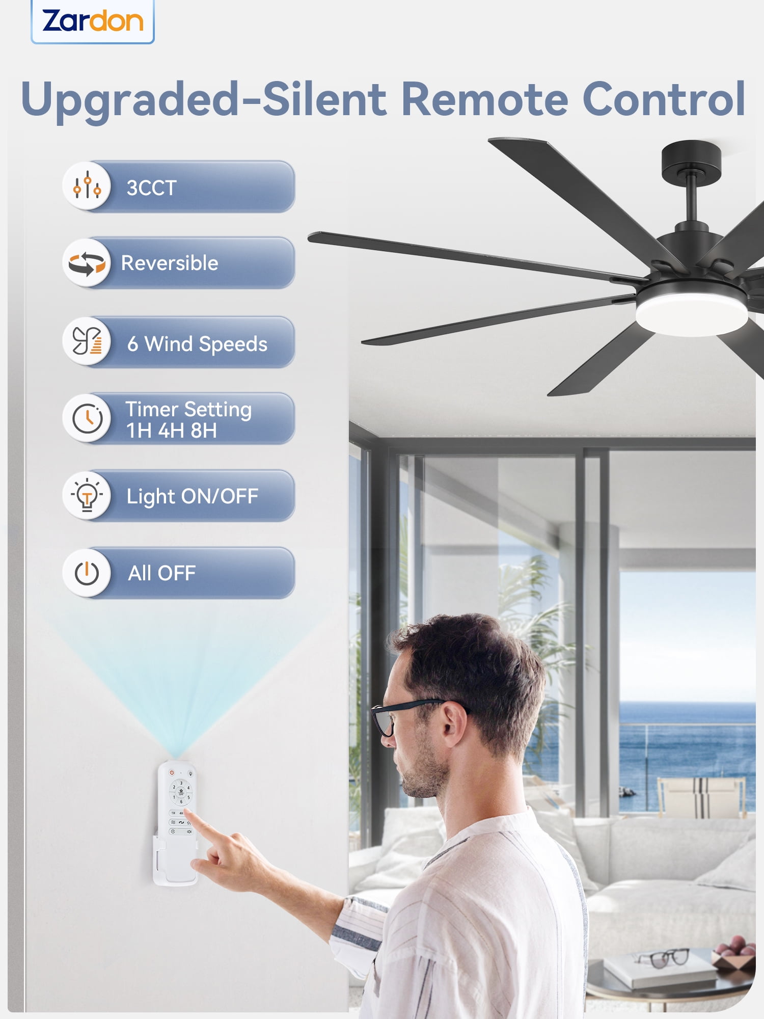 Zardon 72in Ceiling Fan with Light and Remote Control, Large Modern Ceiling Fan with 6 Speeds Reversible, for Indoor Outdoor, Patios, Black