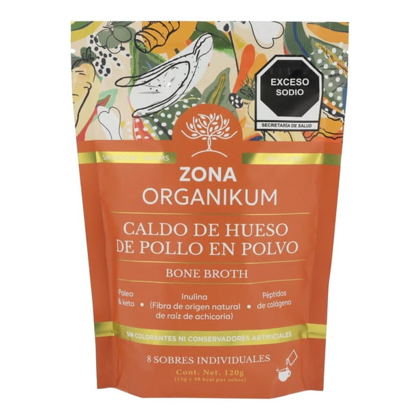 ZONA ORGANIKUM/Caldo de hueso de pollo en polvo "Bone Broth", paleo y keto, con inulina y péptidos de colágeno/Bolsa con 8 sobres individuales de 15 g cada uno) (POLLO)