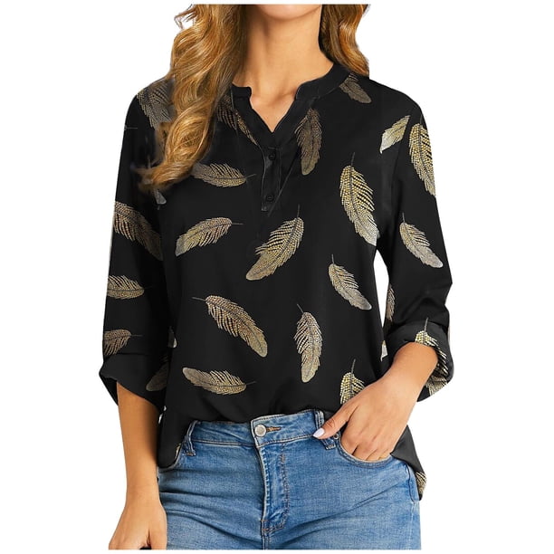 Camiseta de manga larga con cuello en V y estampado de moda de verano para mujer Fridja bvmnju4847
