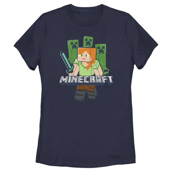 Women's Minecraft Alex and Creepers  Graphic Tee Navy Blue Medium
