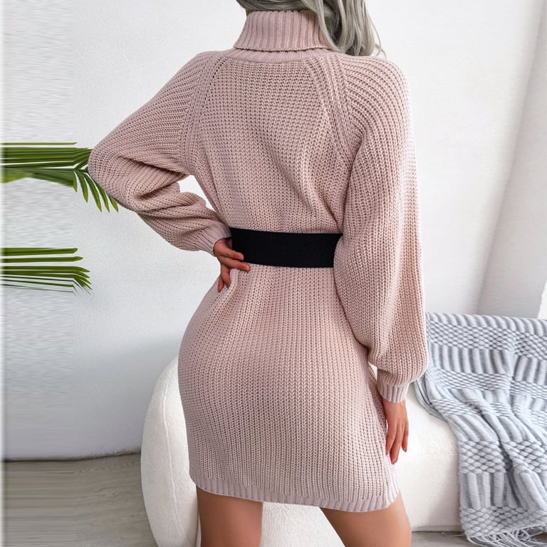 Womens Fashion Casual Long Sleeve Solid Knit Turtleneck Long Puff Sleeve  Ribbed Knit Short Dress Sweater Long Sleeve Short Dresses Sweater Dress for  ...