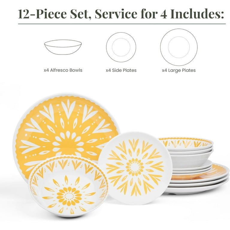 Larder & Vine 12-Piece Melamine Dinnerware Set – Durable Break-Resistant Plates & Bowls, Floral Design For Indoor/Outdoor