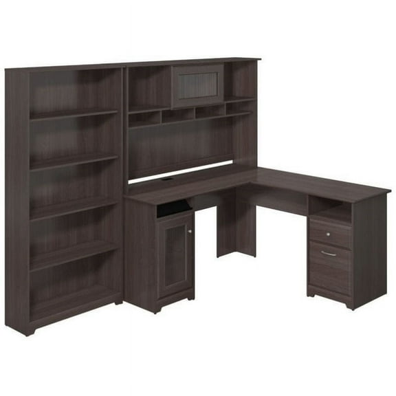 Pemberly Row 60" L-Shape Desk with Hutch and 5 Shelf Bookcase in Heather Gray