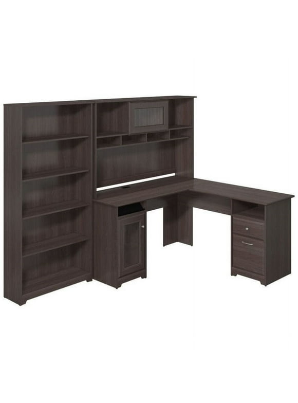 Pemberly Row 60" L-Shape Desk with Hutch and 5 Shelf Bookcase in Heather Gray