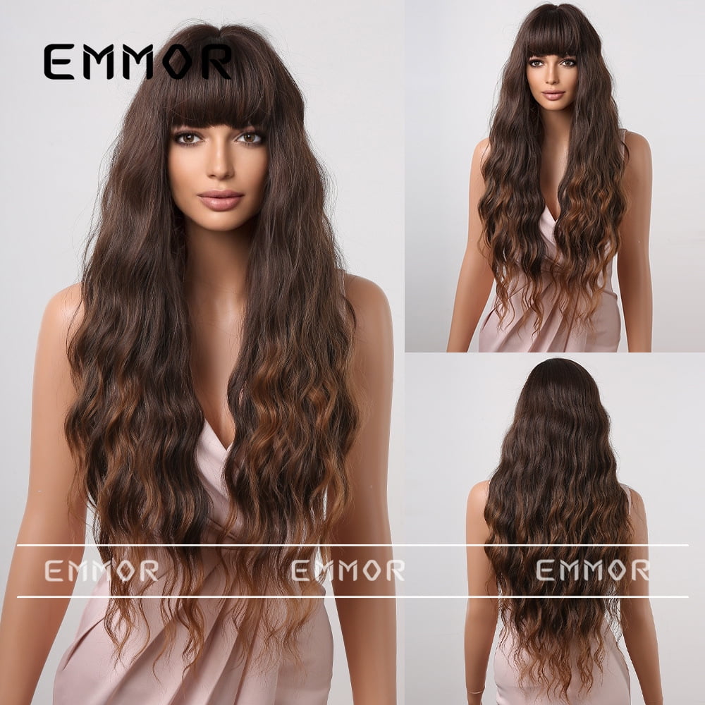 Women's Wig with Bangs, Highlighted Gradient Brown, Big Wavy Long Hair, Natural Full Head Wig, Daily Realistic Wig