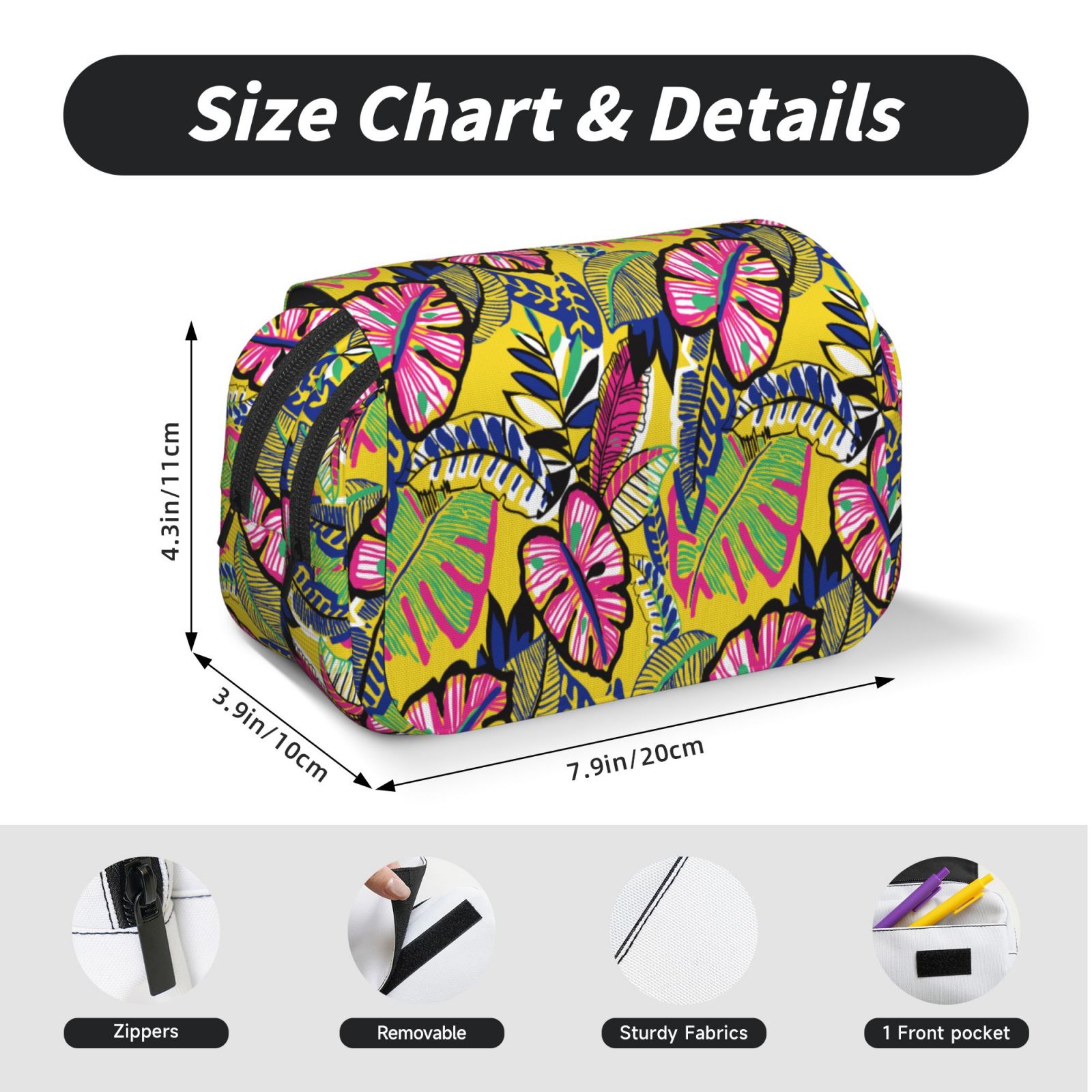 Rateoe Colrful Tropical Leaves Pattern Double Clamshell Pen Case, Storage Organizer with Two Zipper Compartments– Holds Up to 50 Pencils & Pens