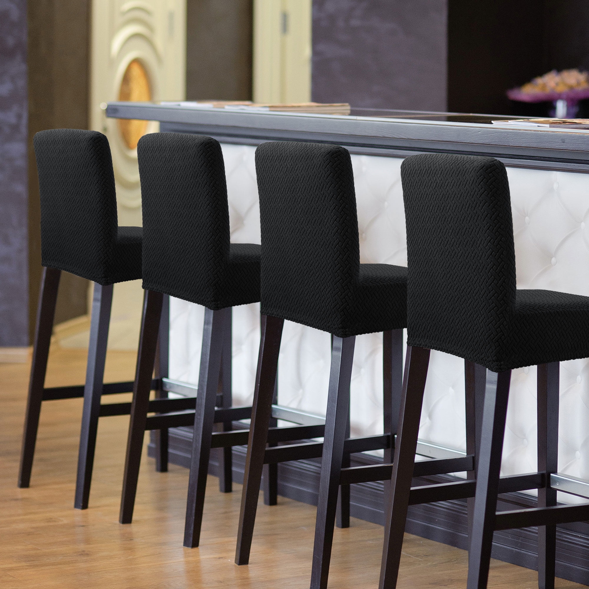 Unique Bargains Bar Stool Covers for Bar Counter Short Back Chair Slipcovers Black 4 Pcs