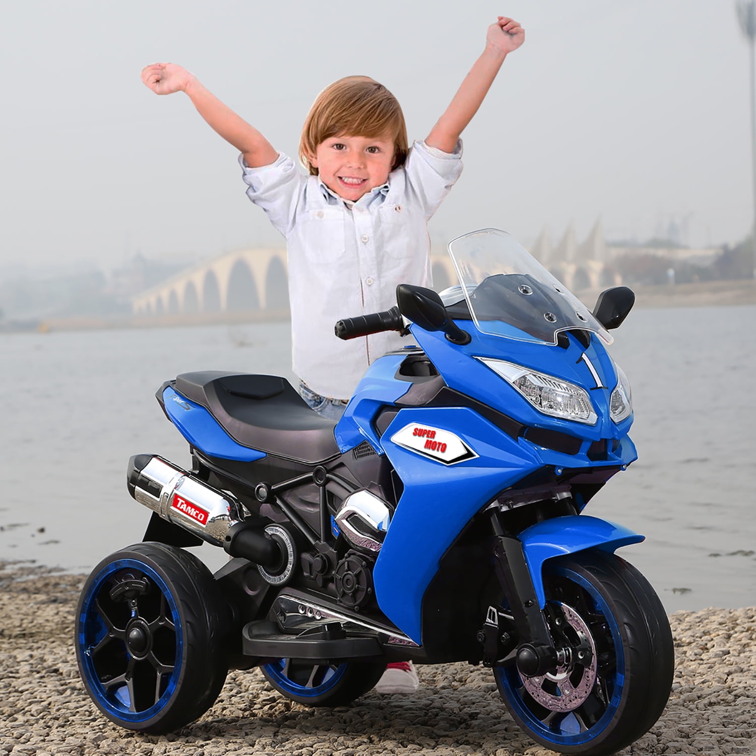 CIPACHO 12V Kids Electric Motorcycle, Electric Ride On Car Toys with 3 Lighting Wheels Trike Motorcycle for Boys and Girls, Blue