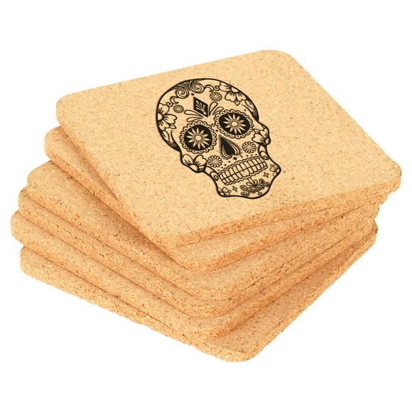Set of 6 Cork Drink Coasters Sugar Candy Skull (Square)