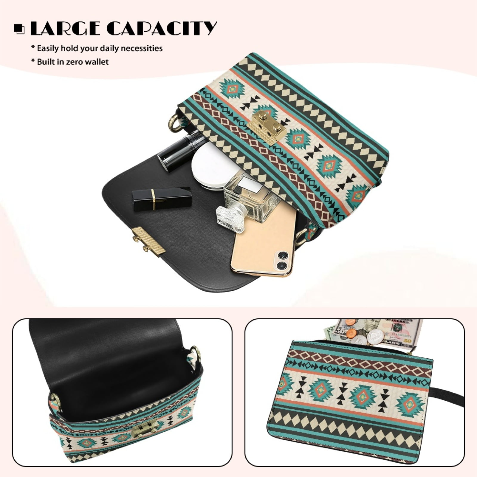 SCRAWLGOD American Tribal Print Blue PU Leather Small Womens Crossbody Bag Lightweight Trendy Shoulder Handbag Mini Purse With Detachable Chain for Women Casual