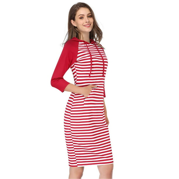 Missky Women Stripes Pocket Knee Length Slim Casual Pullover Hoodie Dress  Ladies Hooded Striped Print Drawstring 3/4 Sleeve Pocket Simple Sweater  Dress - Walmart.com