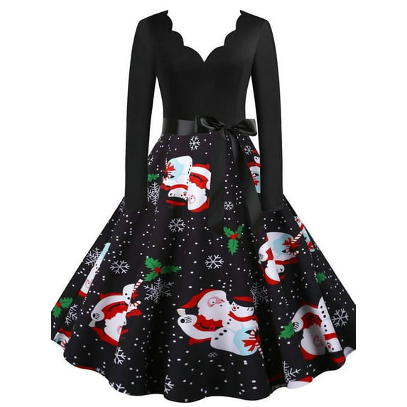 FASHIONWT Women Christmas Skater Dress Vintage Party Knee Length Dress