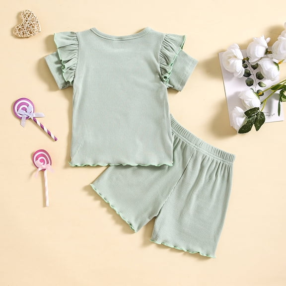 Toddlers Kids Two Piece Sets 6M-4Y Cute Going-Out Outfits Boys Girls Solid Ruffle Short Sleeve Tops and Drawstring Elastic Waist Shorts Set