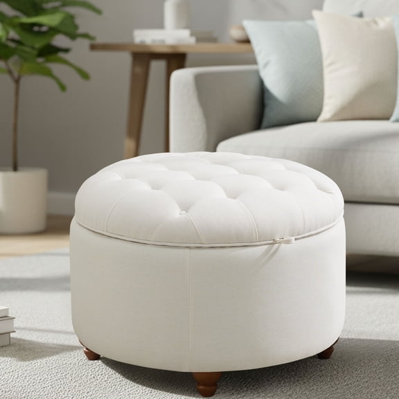 Domicare 23.5 inch Round Storage Ottoman, Ottoman with Storage Foot Stool, Multi-Functional Bedroom Bench for Living Room, Large Round Ottoman with Lid,Beige