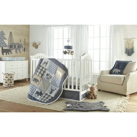 UPC: 0190945102065 | Levtex Baby – Logan Crib Bed Set – Baby Nursery Set – Navy Grey White Blue Taupe Blue – Deers Bears and Moose – 4 Piece Set Includes Quilt Fitted Sheet Wall Decal & Skirt/Dust Ruffle