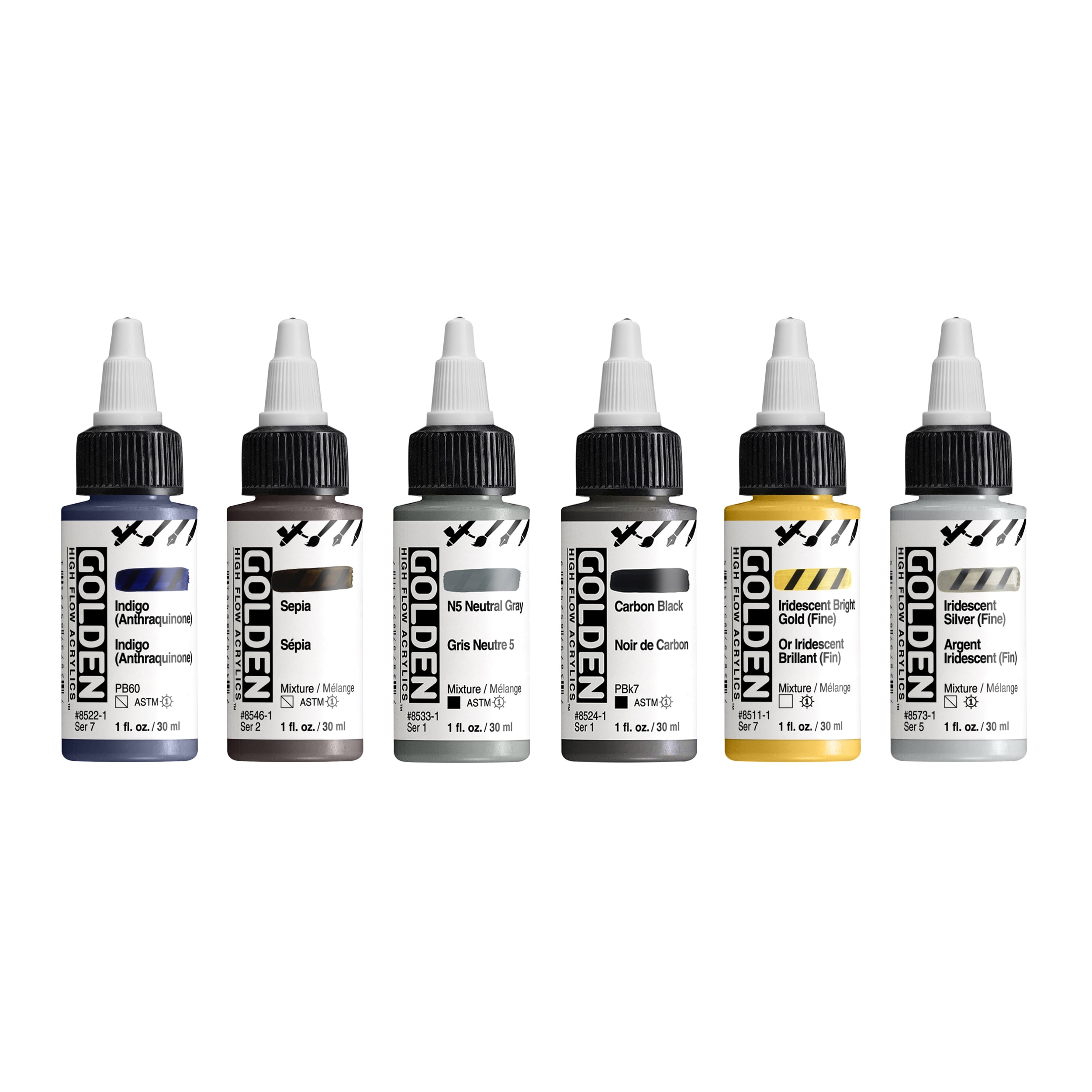 Golden High Flow Acrylics - Drawing and Lettering Set of 6, Assorted Colors, 30 ml Bottles