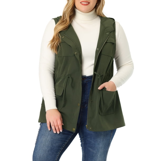 Chaleco utilitario sin mangas GRACE & GRANDEUR Plus Size con capucha y cordón ligero 2X verde ejército