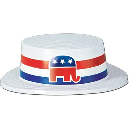Styrofoam Skimmer Hats White Plastic Skimmer w/Republican Band Party Accessory (1 count), 1 Skimmer Hat per package By Beistle ()