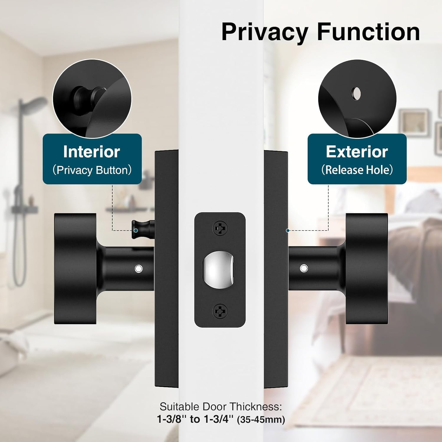 5 Pack Door Knob, Privacy Door Knobs with Lock, Rectangle Modern Door Handles, Matte Black