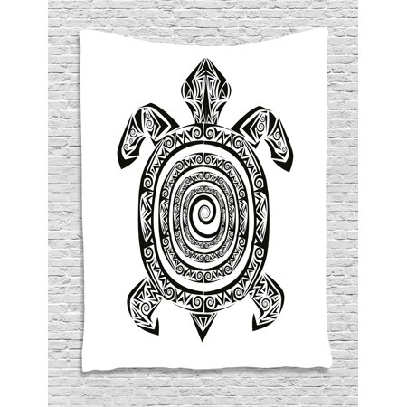 Turtle Tapestry Maori Tattoo Style Figure Of Sea Animal Tribal Spiral Form Ancient Tropical Wall Hanging For Bedroom Living Room Dorm Decor 60w X