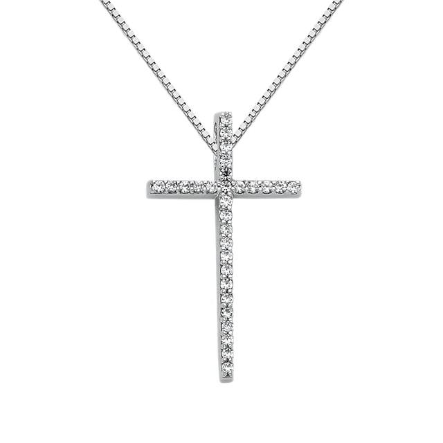 14k White Gold Cubic Zirconia Fancy Cross Pendant with 0.80-mm Box Chain